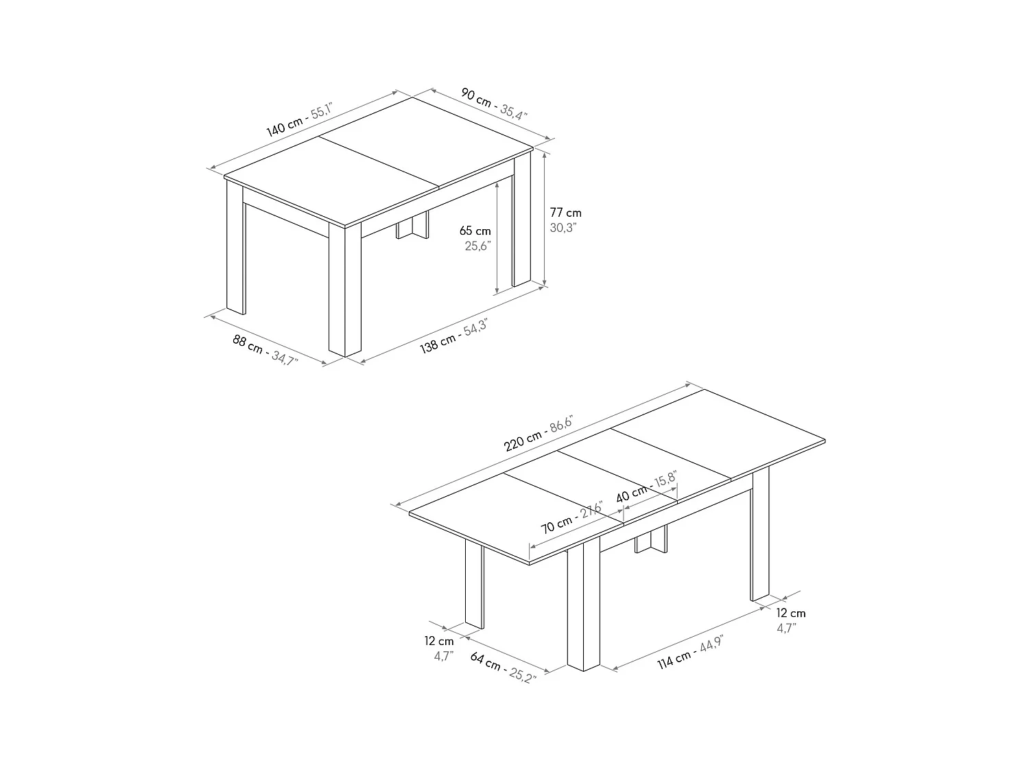 Table statuaire en bois, finition blanche, piètement blanc, à rallonge 140x90-220x90 - LIPARI