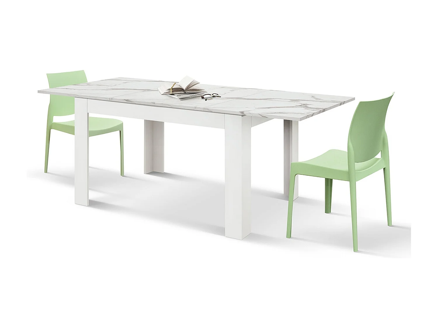 Mesa de madera, estatuaria acabado blanco, base blanca, extensible 140x90-220x90 - LIPARI