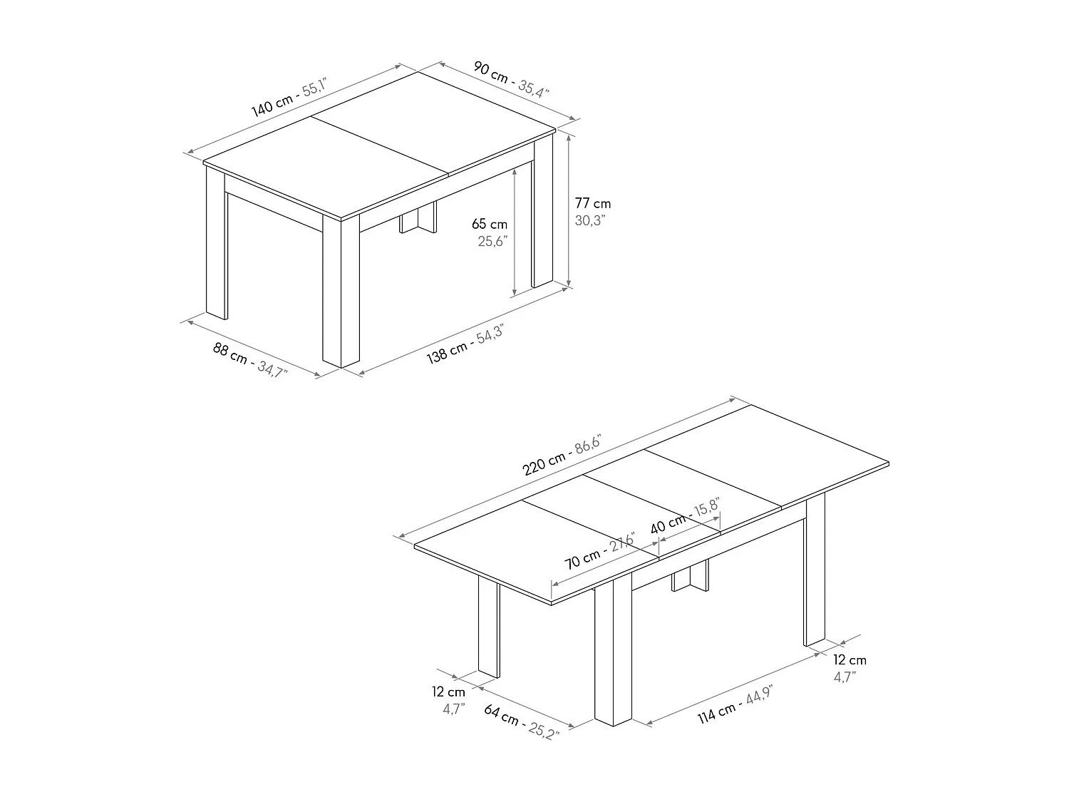 Mesa de madera, estatuaria acabado blanco, base blanca, extensible 140x90-220x90 - LIPARI