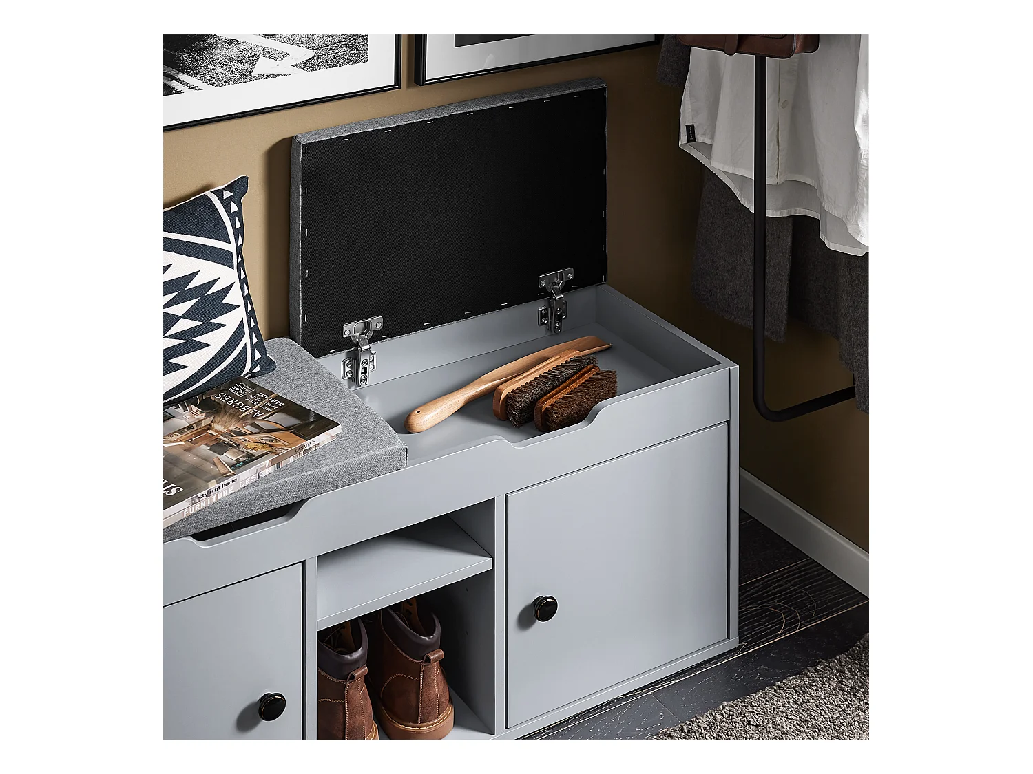 SoBuy FSR96-DG - Meuble à chaussures avec coussins et espace de rangement L100cm x L34cm x H47cm