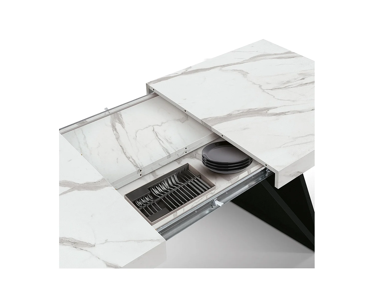 Table en bois, finition blanche, base en bois noir, extensible 160x90-240x90 - VULCANO