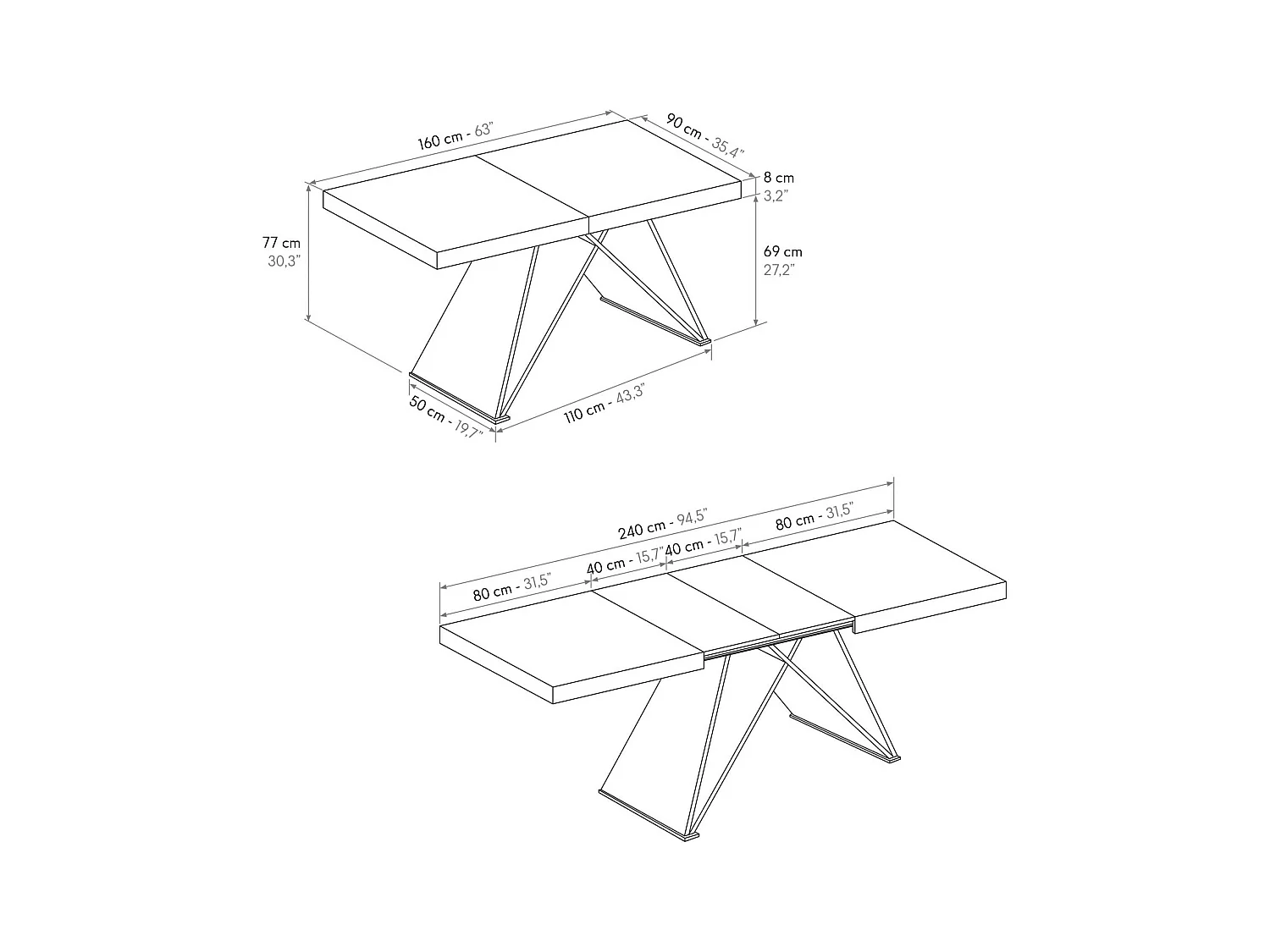 Table en bois, finition blanche, base en bois noir, extensible 160x90-240x90 - VULCANO