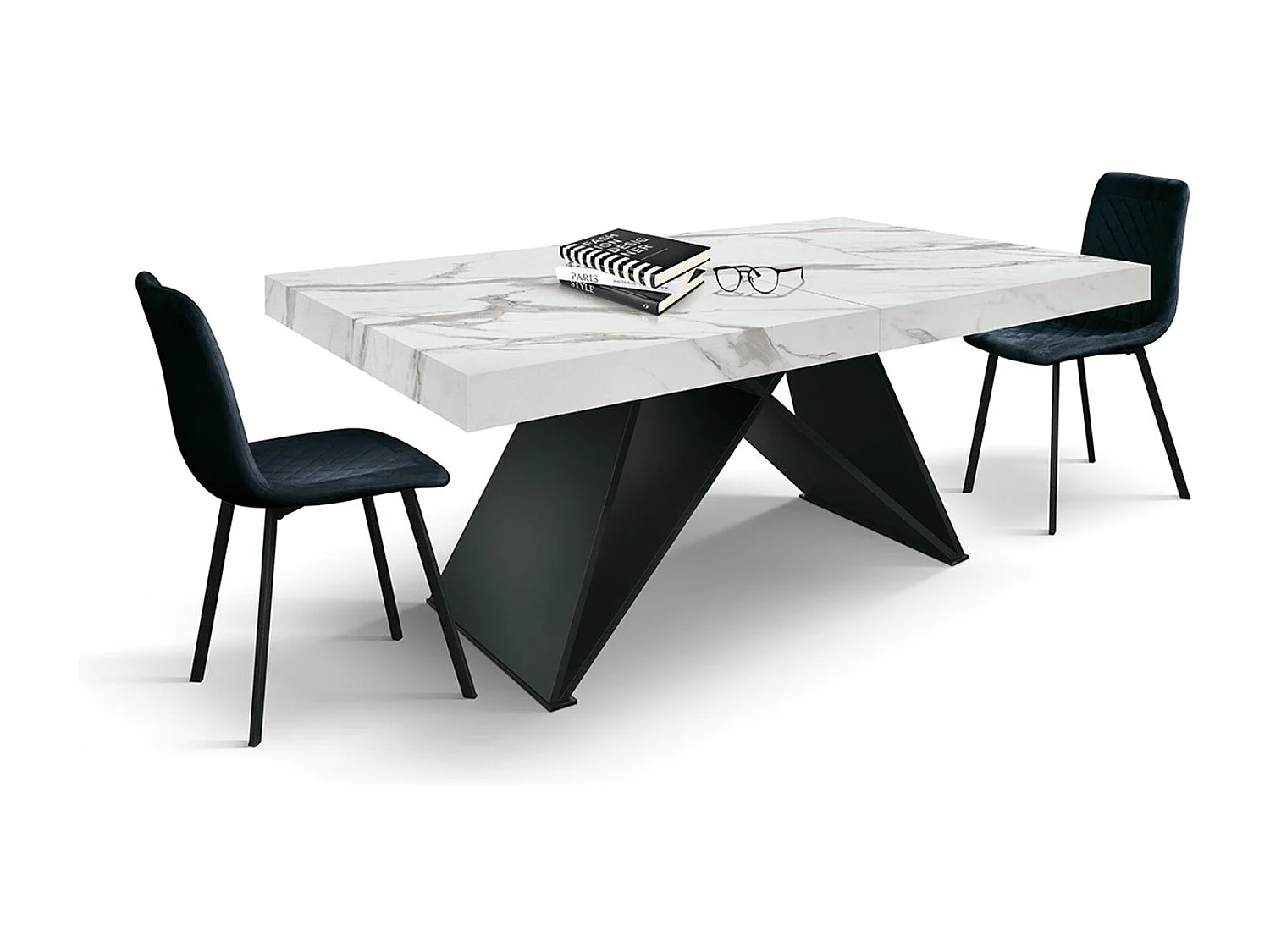 Table en bois, finition blanche, base en bois noir, extensible 160x90-240x90 - VULCANO