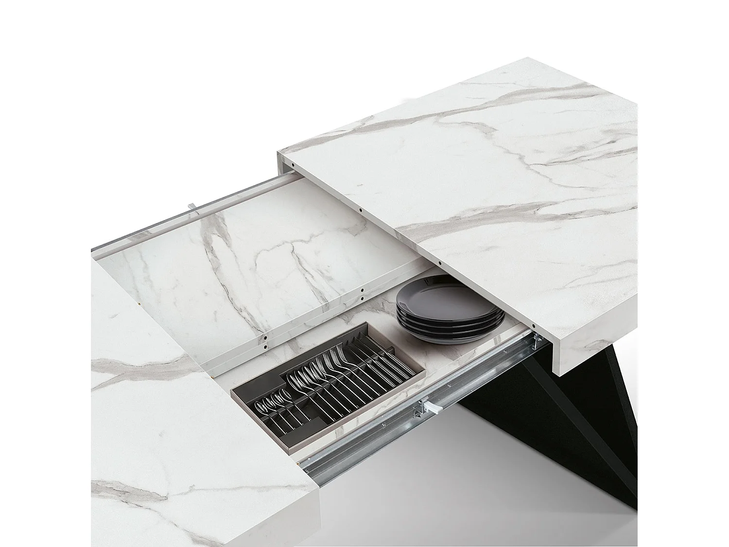 Table en bois, finition blanche, base en bois noir, extensible 160x90-240x90 - VULCANO