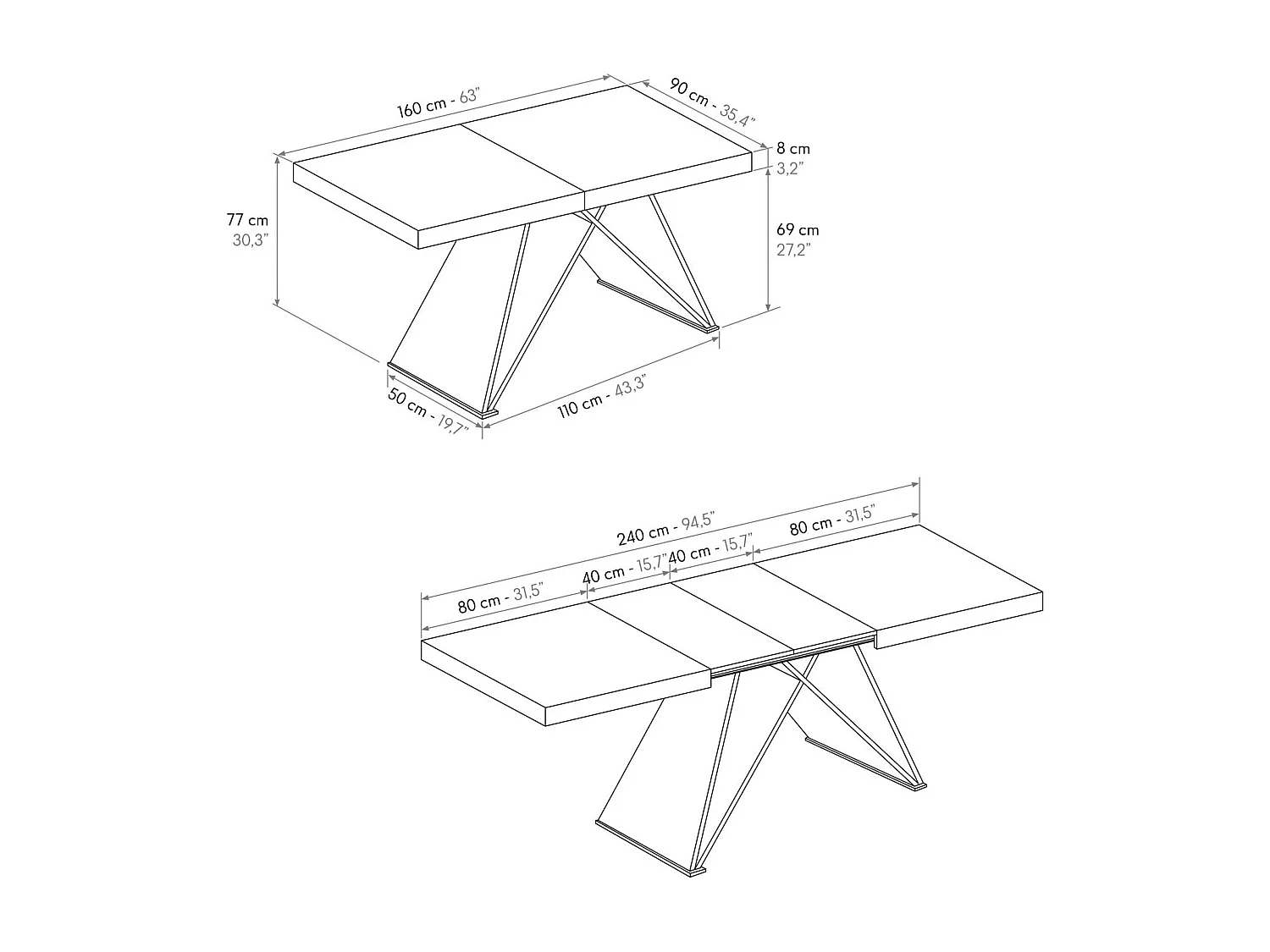 Table en bois, finition blanche, base en bois noir, extensible 160x90-240x90 - VULCANO