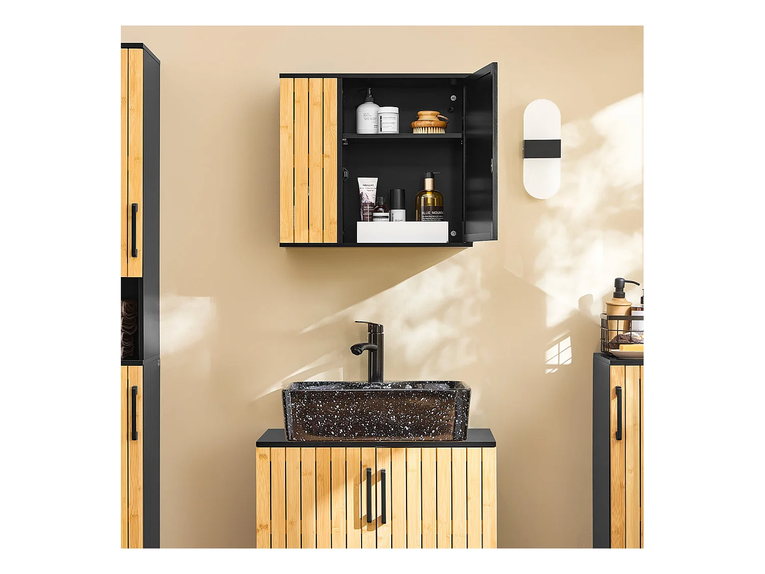 SoBuy BZR204-SCH - Meuble de salle de bain avec miroir et étagères réglables L50cm x L20cm x H45cm