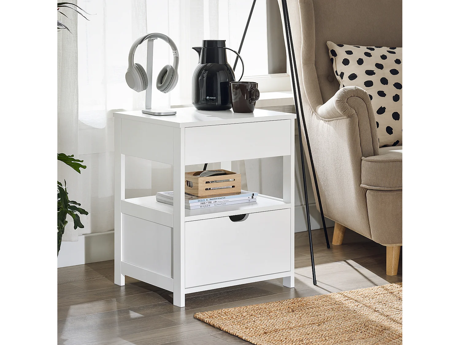 SoBuy FRG258-II-W - Table de chevet moderne avec 2 tiroirs blanc L45cm x L38cm x H55.5cm