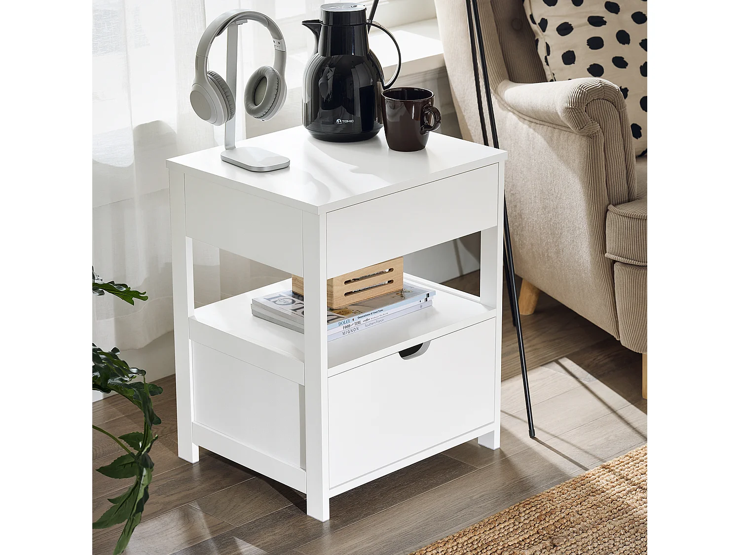 SoBuy FRG258-II-W - Table de chevet moderne avec 2 tiroirs blanc L45cm x L38cm x H55.5cm