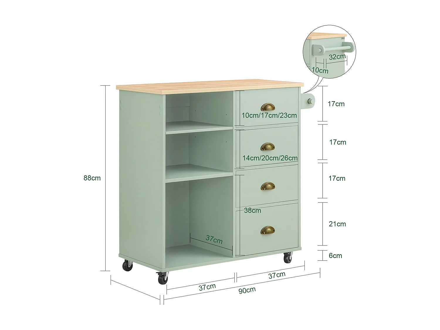 SoBuy FKW127-GR - Ilot de cuisine 3 compartiments 4 tiroirs Vert L90.0cm x L40.0cm x H88.0cm
