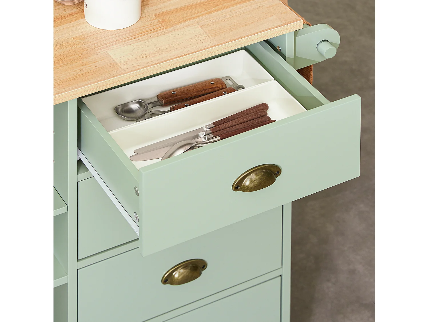 SoBuy FKW127-GR - Ilot de cuisine 3 compartiments 4 tiroirs Vert L90.0cm x L40.0cm x H88.0cm