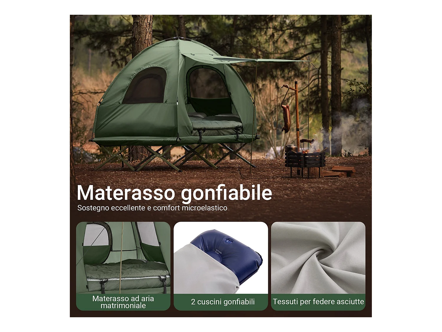 SoBuy Namiot kempingowy dla 2 osób Łóżko piętrowe Namiot 4 w 1 z torbą do przenoszenia Składane łóżeczko kempingowe Praktyczne zielone 193 x 145 x 185 cm OGS61-L-GR