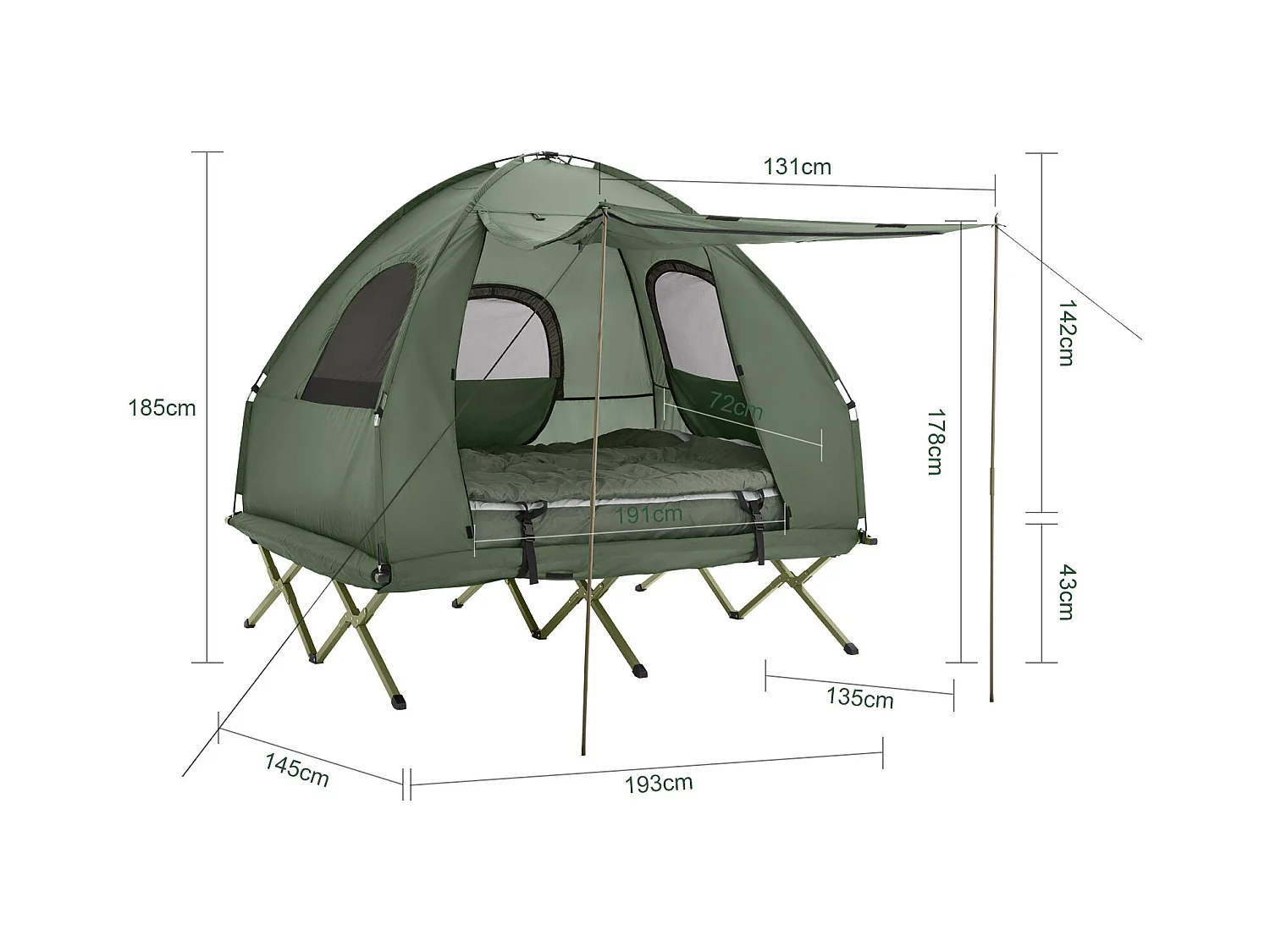 SoBuy Namiot kempingowy dla 2 osób Łóżko piętrowe Namiot 4 w 1 z torbą do przenoszenia Składane łóżeczko kempingowe Praktyczne zielone 193 x 145 x 185 cm OGS61-L-GR