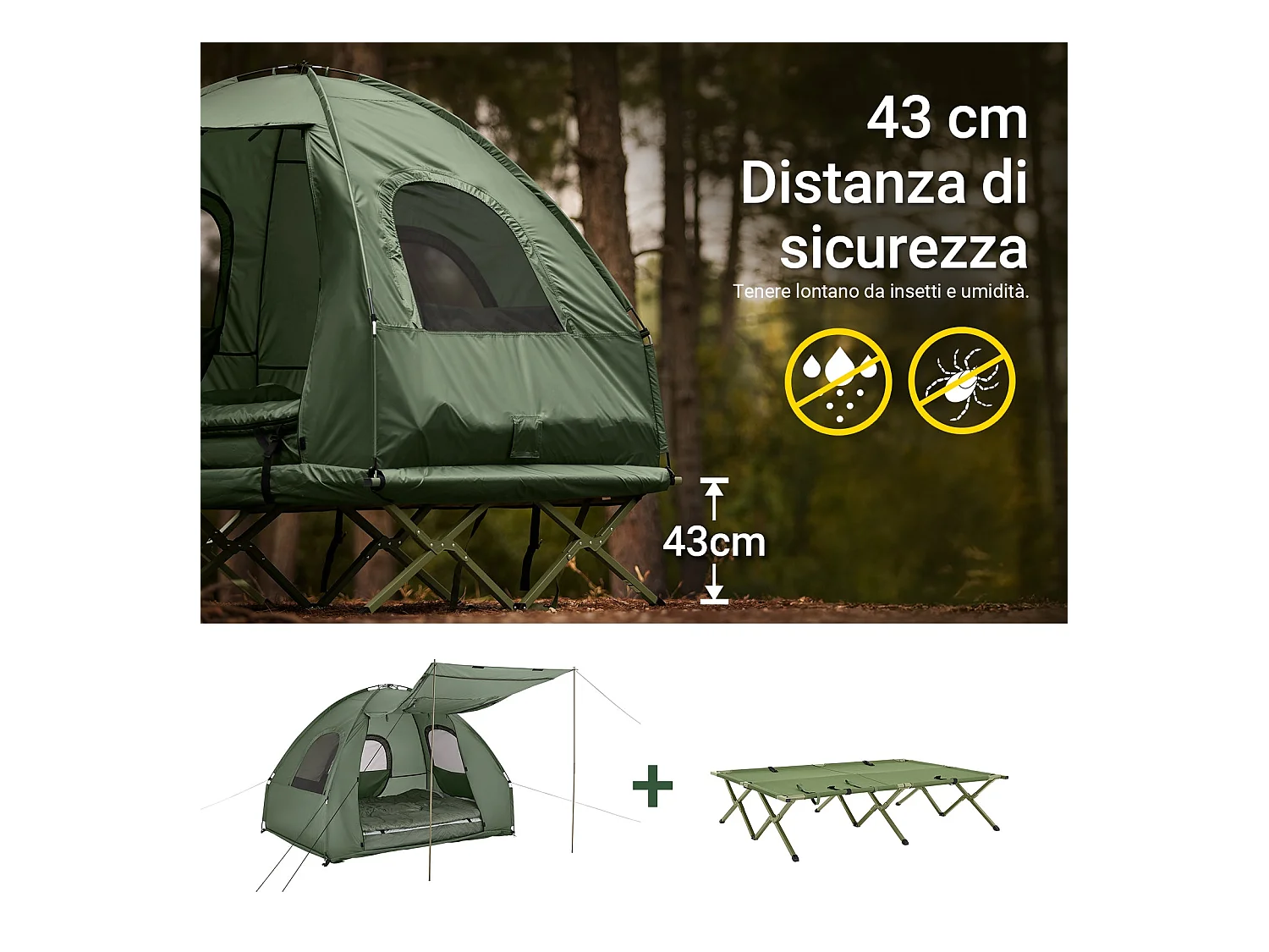 SoBuy Namiot kempingowy dla 2 osób Łóżko piętrowe Namiot 4 w 1 z torbą do przenoszenia Składane łóżeczko kempingowe Praktyczne zielone 193 x 145 x 185 cm OGS61-L-GR