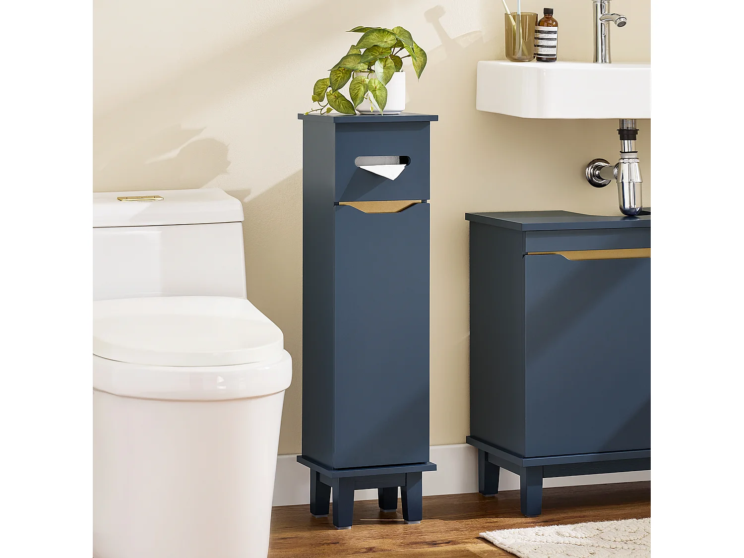 SoBuy BZR192-B - Meuble de salle de bain avec porte-rouleau et compartiment de nettoyage L22cm x L20cm x H82cm