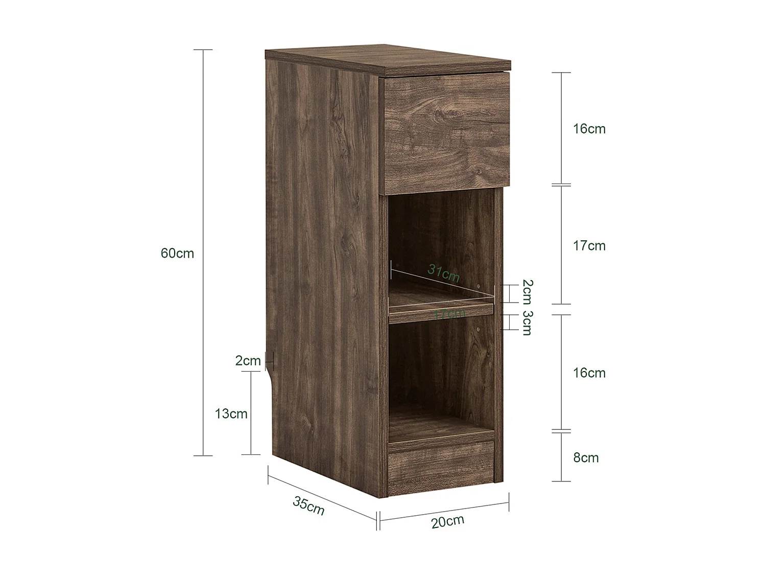 SoBuy FBT111-SN - Table de chevet mince avec tiroir et 2 étagères L20cm x L35cm x H60cm