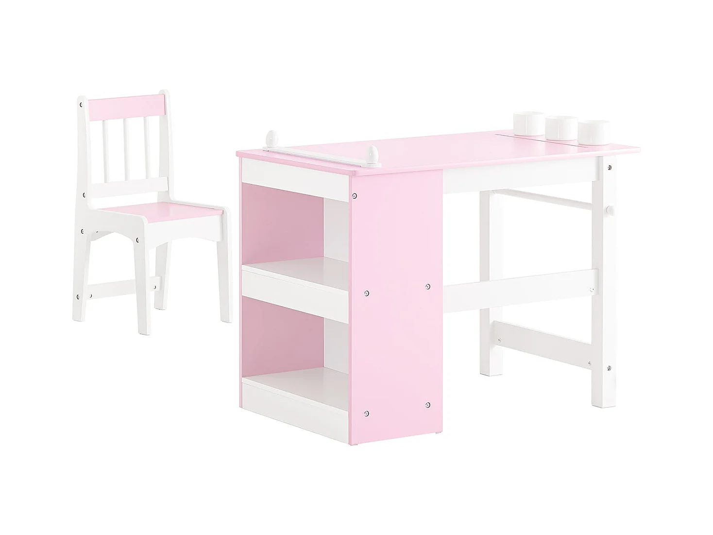 SoBuy Stolik dziecięcy z krzesełkiem Zestaw mebli dziecięcych z naklejkami DIY Biurko dziecięce z 3 piórnikami Różowo-biały Udźwig 75kg KMB116-P
