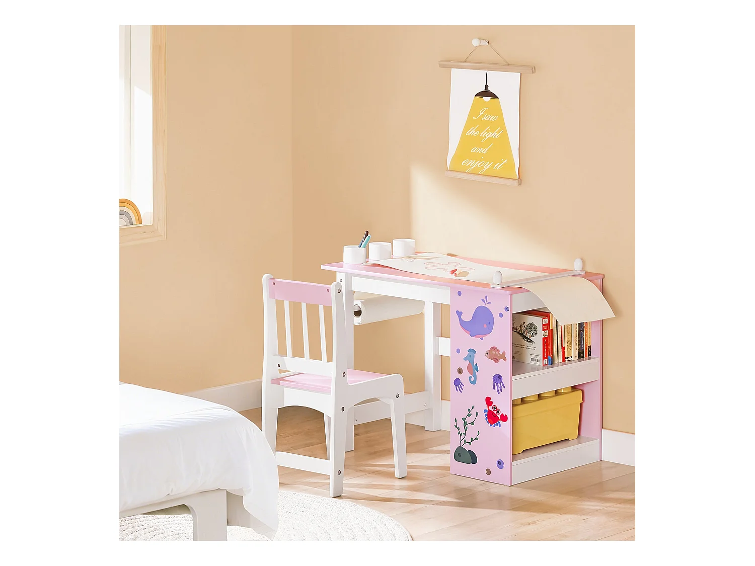 SoBuy Stolik dziecięcy z krzesełkiem Zestaw mebli dziecięcych z naklejkami DIY Biurko dziecięce z 3 piórnikami Różowo-biały Udźwig 75kg KMB116-P