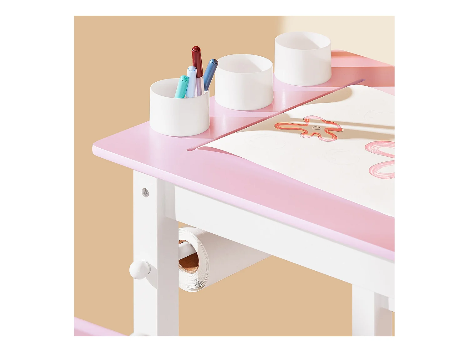 SoBuy Stolik dziecięcy z krzesełkiem Zestaw mebli dziecięcych z naklejkami DIY Biurko dziecięce z 3 piórnikami Różowo-biały Udźwig 75kg KMB116-P