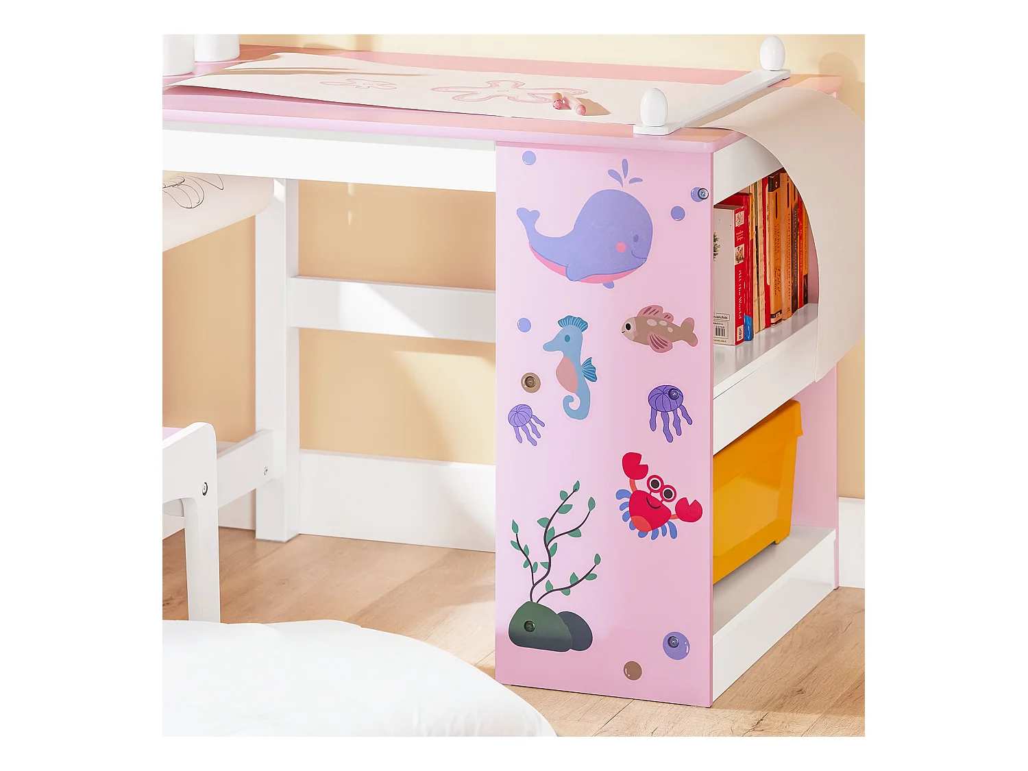 SoBuy Stolik dziecięcy z krzesełkiem Zestaw mebli dziecięcych z naklejkami DIY Biurko dziecięce z 3 piórnikami Różowo-biały Udźwig 75kg KMB116-P