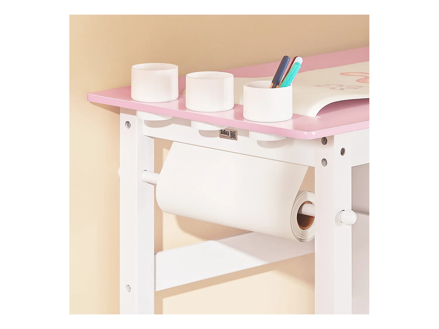 SoBuy Stolik dziecięcy z krzesełkiem Zestaw mebli dziecięcych z naklejkami DIY Biurko dziecięce z 3 piórnikami Różowo-biały Udźwig 75kg KMB116-P