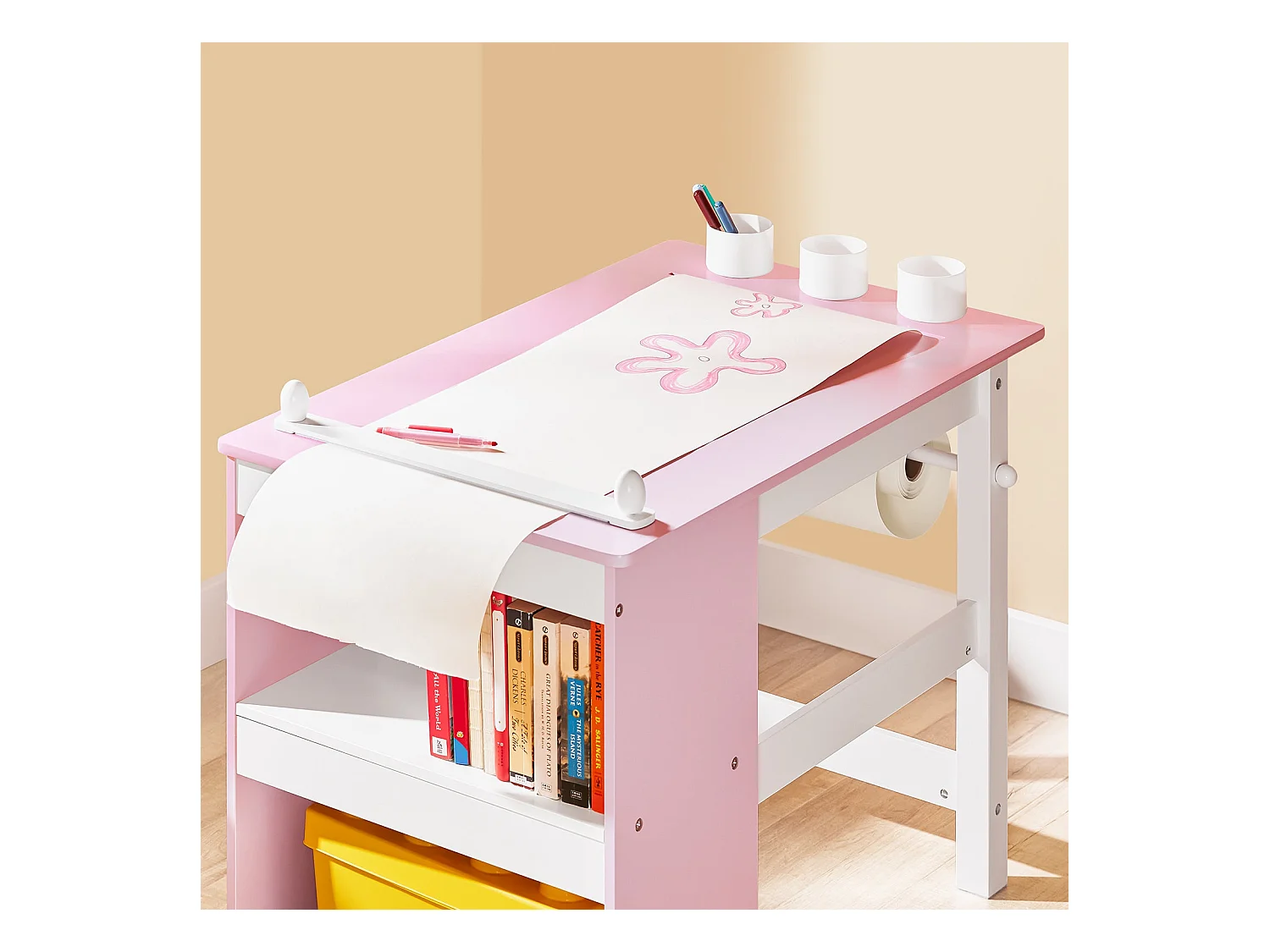 SoBuy Stolik dziecięcy z krzesełkiem Zestaw mebli dziecięcych z naklejkami DIY Biurko dziecięce z 3 piórnikami Różowo-biały Udźwig 75kg KMB116-P