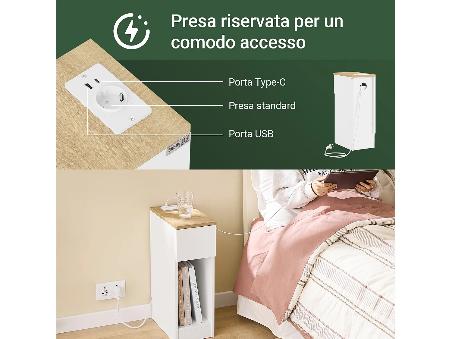 SoBuy FBT111-E-WN - Table de chevet étroite avec USB L35cm x L20cm x H60cm