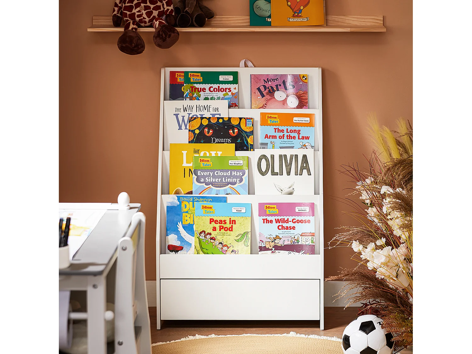 SoBuy, último andar da biblioteca, tronco de brinquedo infantil, Prateleiras de parede para quarto infantil, KMB112-W