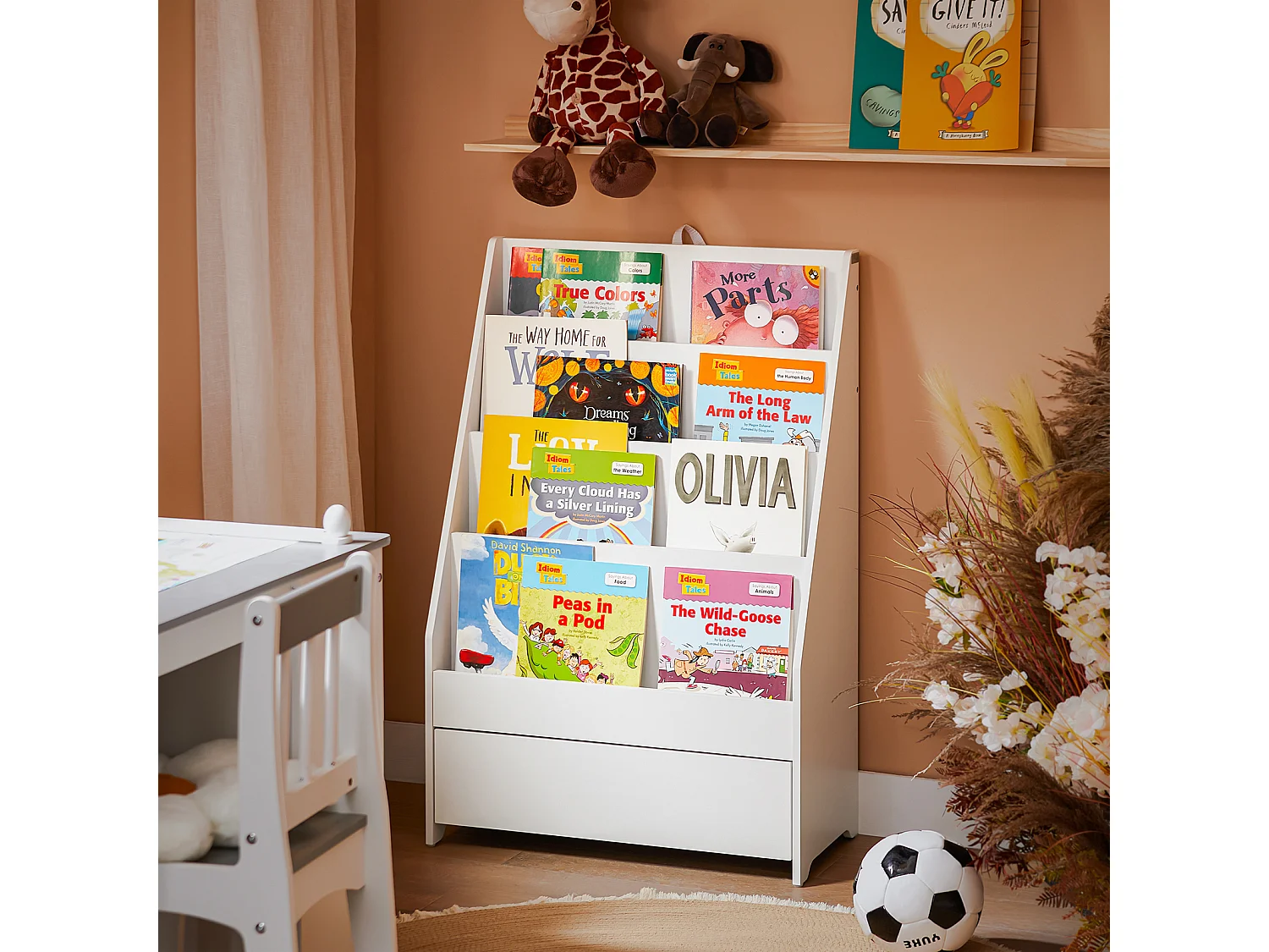 SoBuy, último andar da biblioteca, tronco de brinquedo infantil, Prateleiras de parede para quarto infantil, KMB112-W