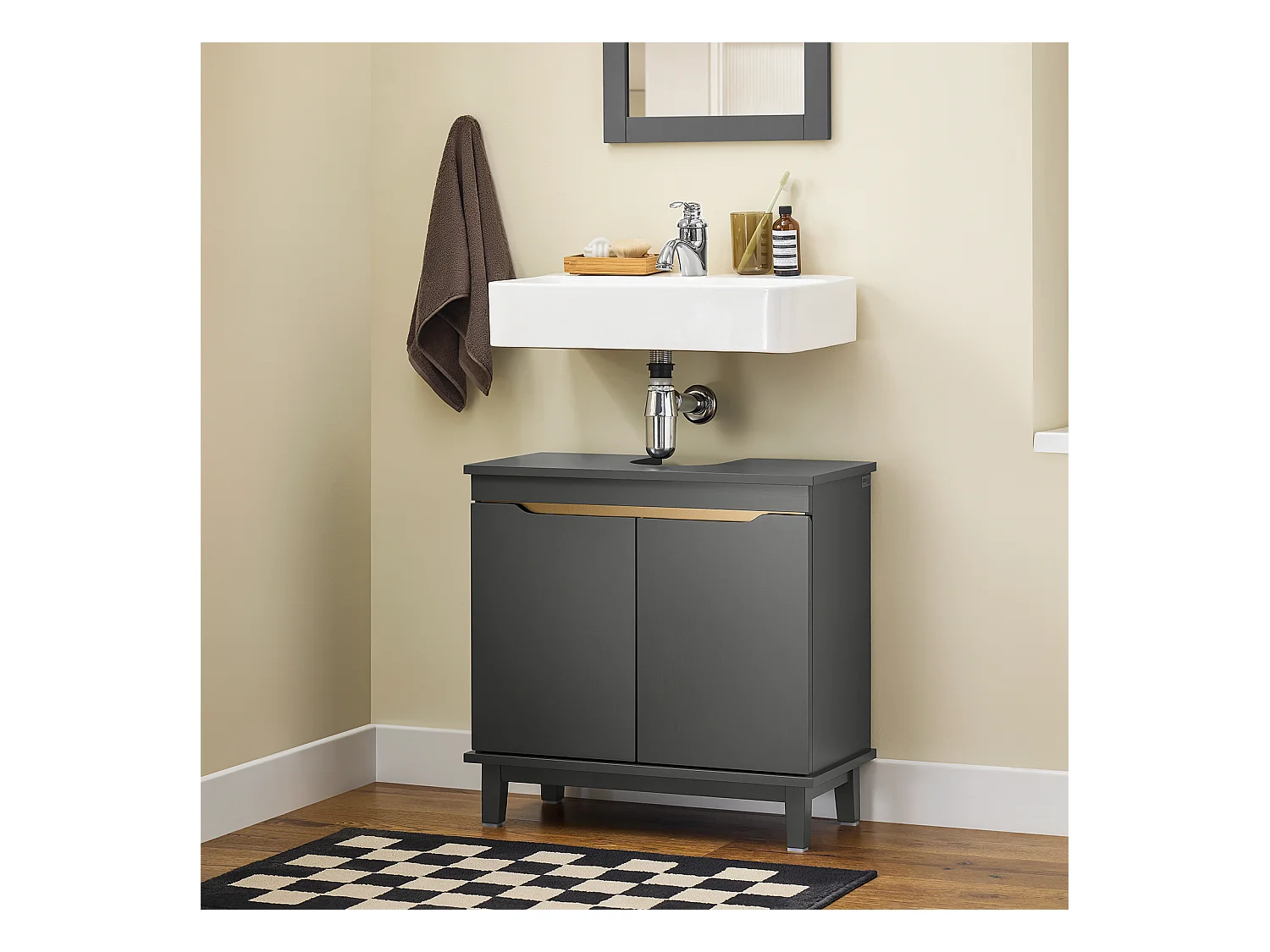 SoBuy BZR113-DG - Waschbeckenschrank mit Türen aus grauem Holz L60cm x B30cm x H58cm