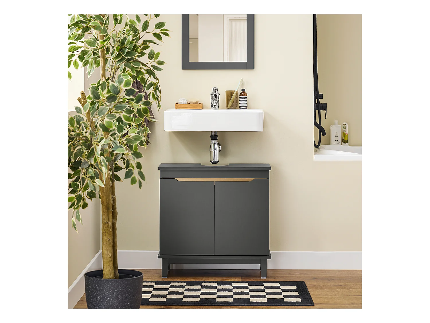 SoBuy BZR113-DG - Waschbeckenschrank mit Türen aus grauem Holz L60cm x B30cm x H58cm