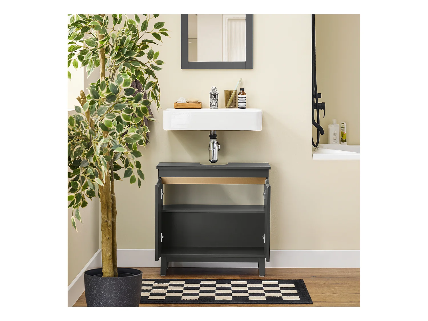 SoBuy BZR113-DG - Waschbeckenschrank mit Türen aus grauem Holz L60cm x B30cm x H58cm