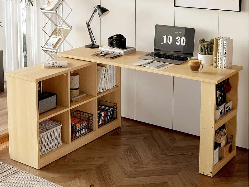 Bureau d'angle avec armoire de rangements - meuble de rangement 6 compartiments - forme variable - naturel