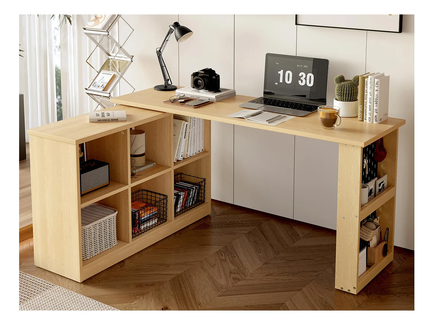 Bureau d'angle avec armoire de rangements - meuble de rangement 6 compartiments - forme variable - naturel