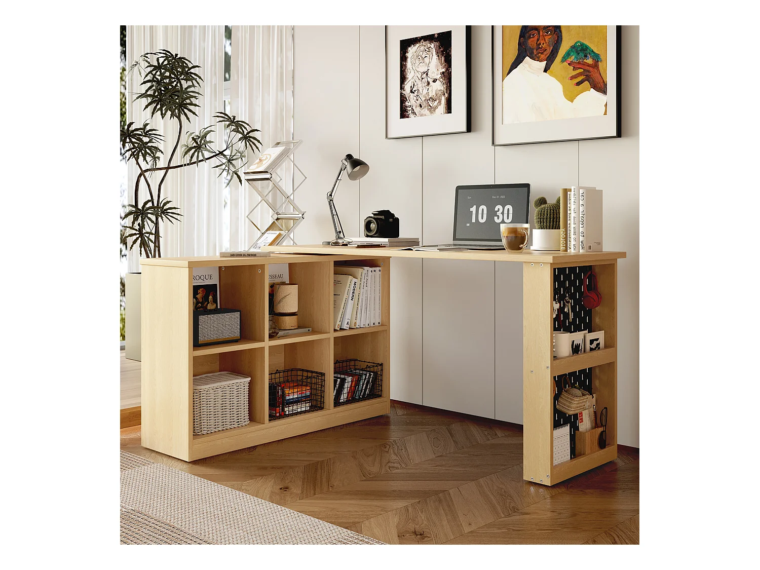 Bureau d'angle avec armoire de rangements - meuble de rangement 6 compartiments - forme variable - naturel