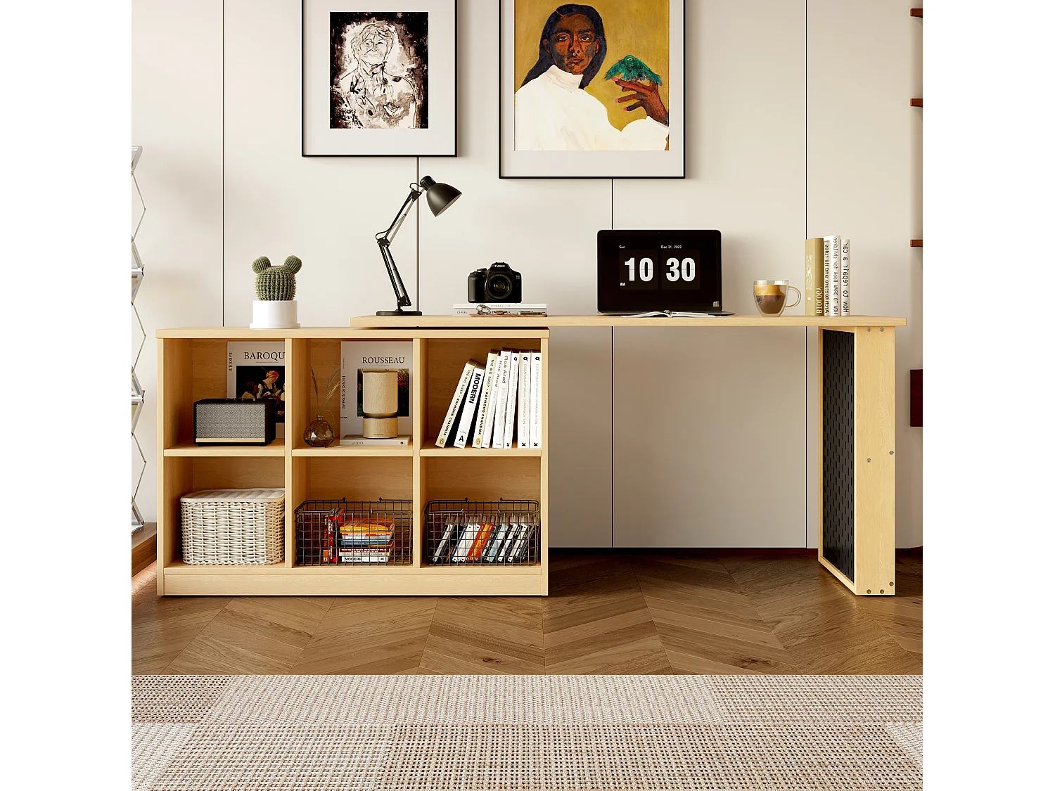 Bureau d'angle avec armoire de rangements - meuble de rangement 6 compartiments - forme variable - naturel