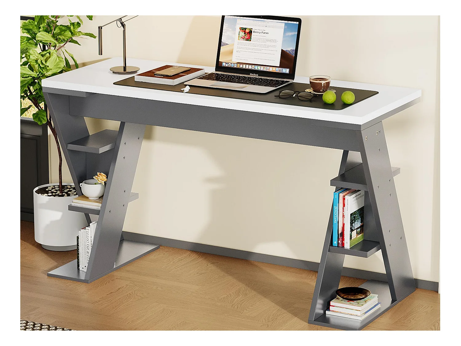 Bureau simple 120x50x74cm - avec support en X - 6 étagères de rangement - gris + blanc
