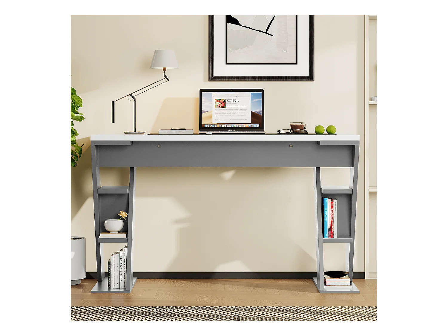 Bureau simple 120x50x74cm - avec support en X - 6 étagères de rangement - gris + blanc