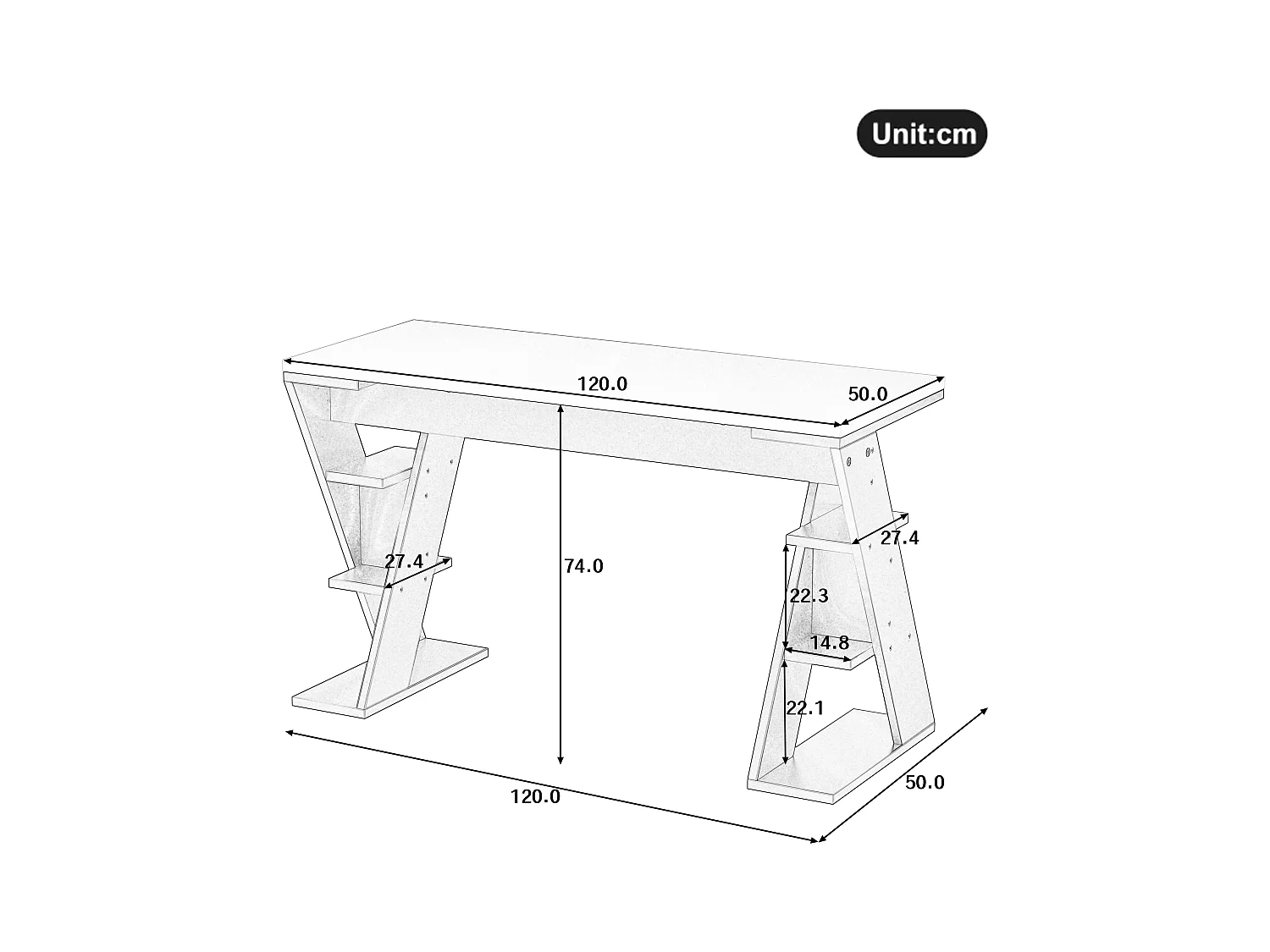Bureau simple 120x50x74cm - avec support en X - 6 étagères de rangement - gris + blanc