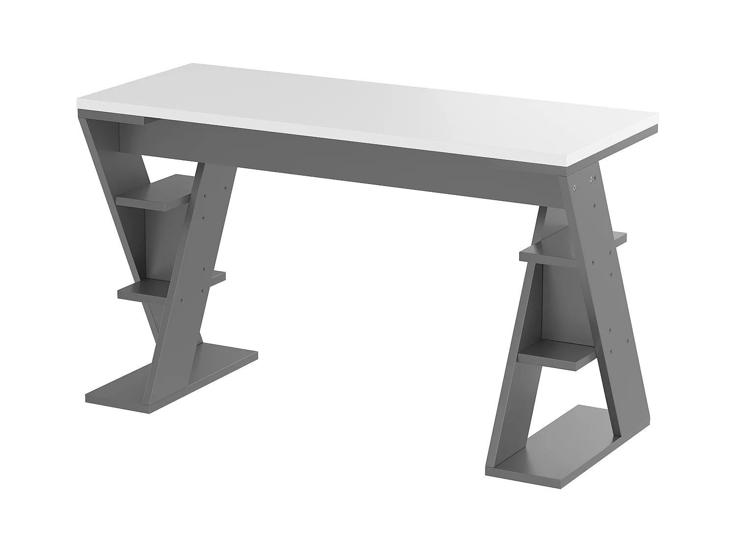 Bureau simple 120x50x74cm - avec support en X - 6 étagères de rangement - gris + blanc