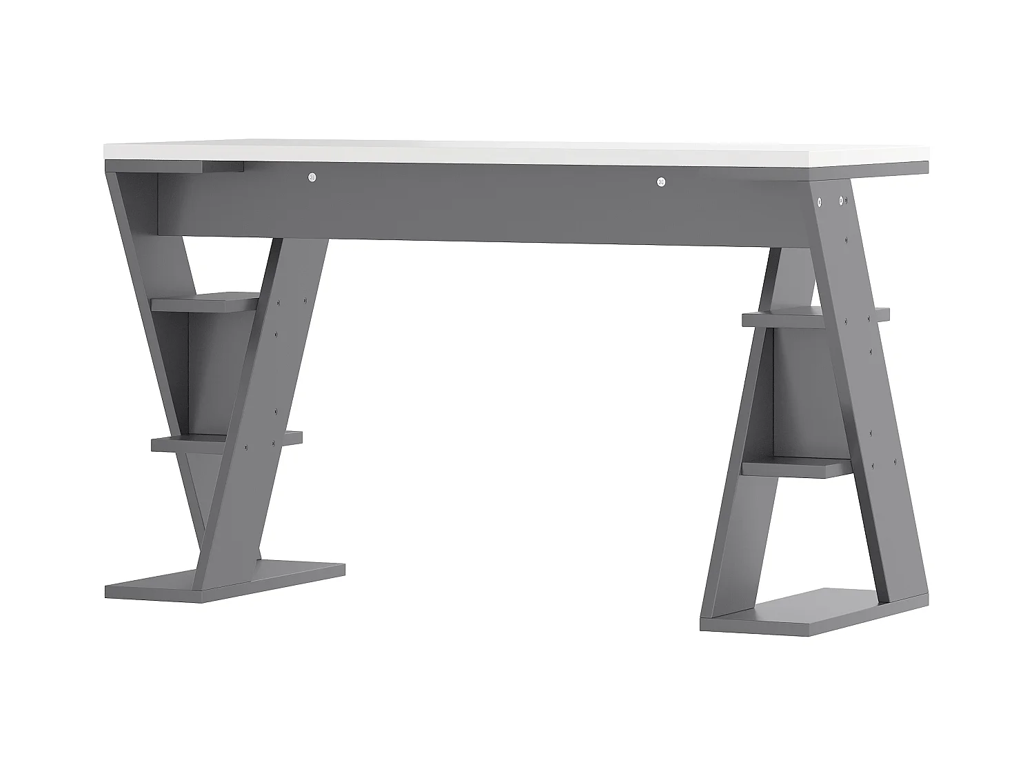 Bureau simple 120x50x74cm - avec support en X - 6 étagères de rangement - gris + blanc