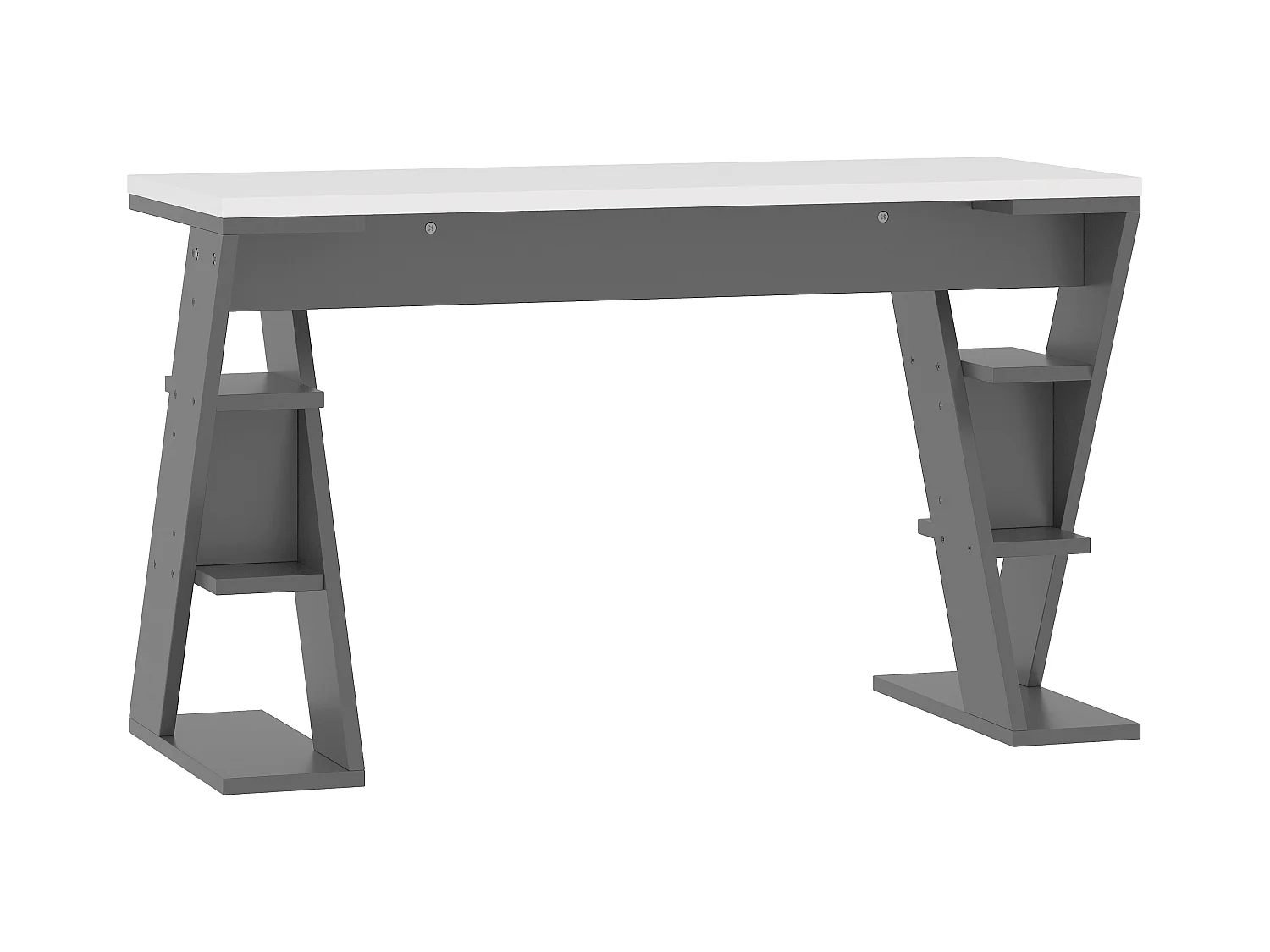 Bureau simple 120x50x74cm - avec support en X - 6 étagères de rangement - gris + blanc