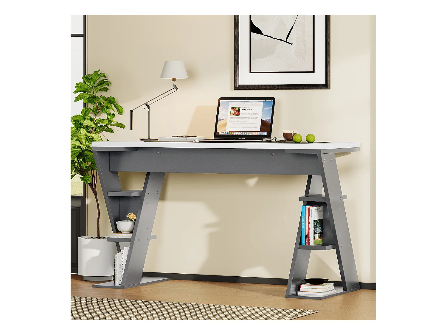 Scrivania semplice 120×50×74 cm - con supporto a X - 6 ripiani di archiviazione - grigio + bianco
