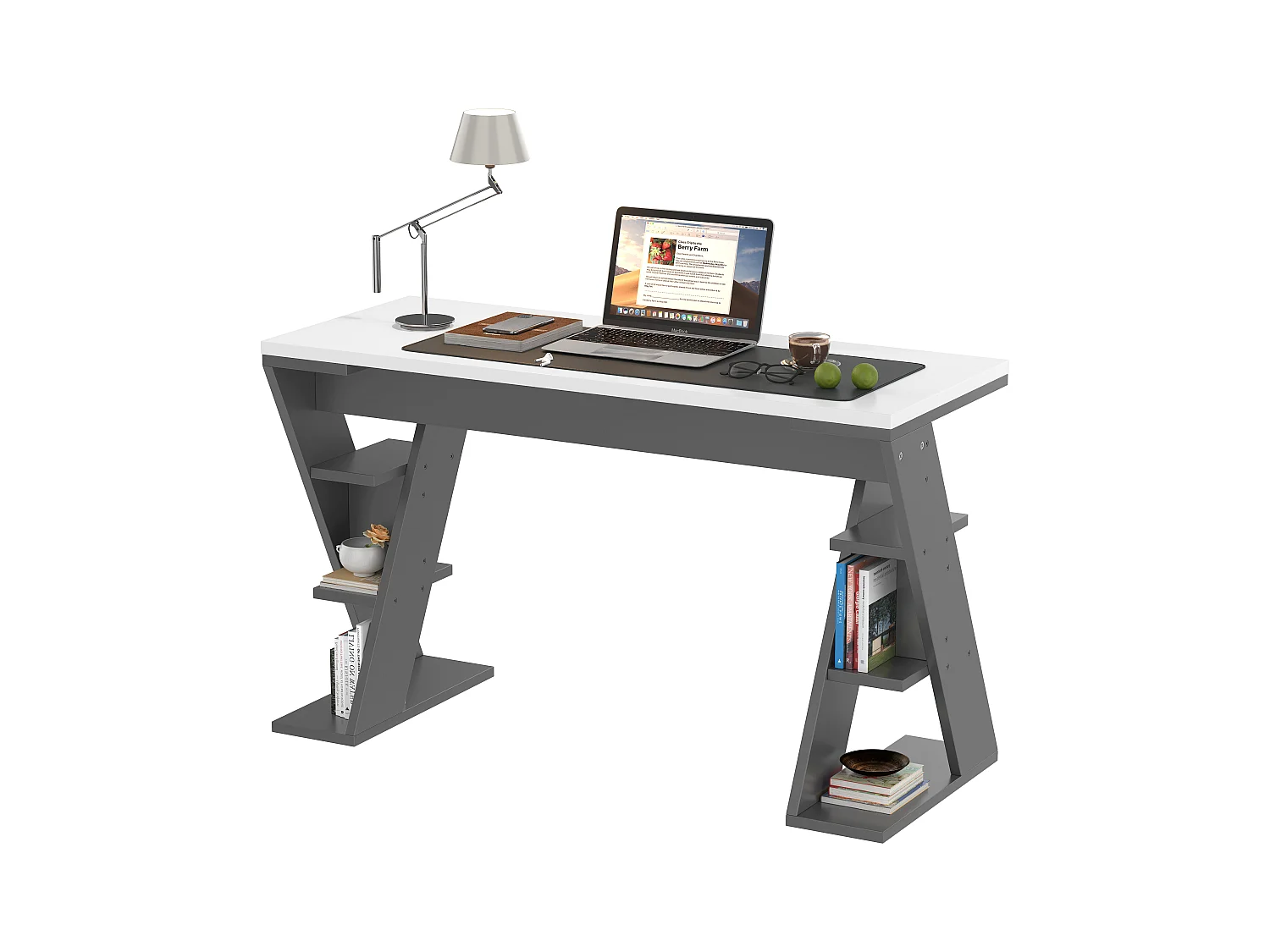 Scrivania semplice 120×50×74 cm - con supporto a X - 6 ripiani di archiviazione - grigio + bianco