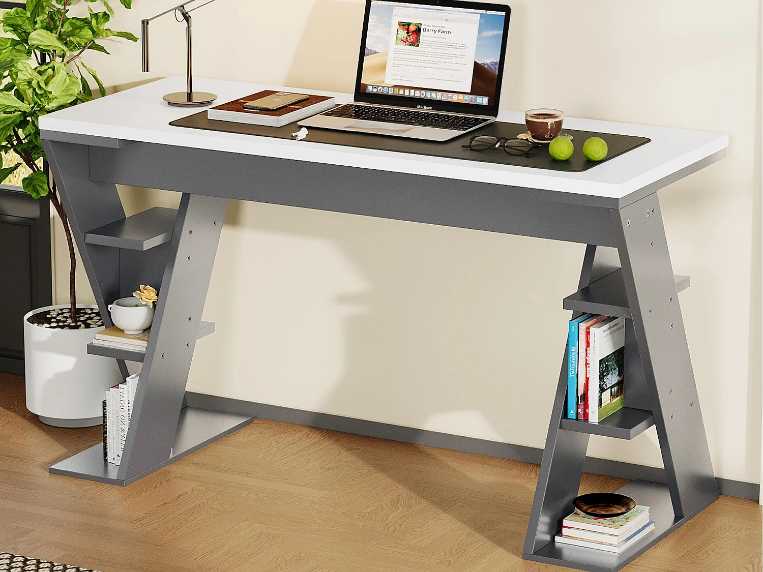 Proste biurko 120×50×74 cm - z podstawą X - 6 półek do przechowywania - szare + białe