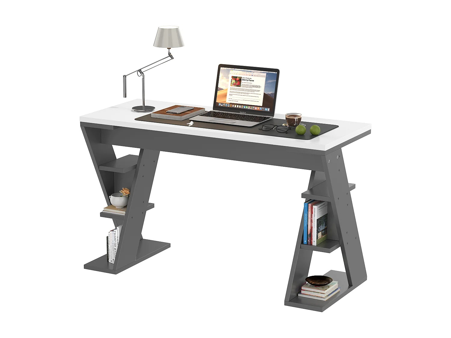 Proste biurko 120×50×74 cm - z podstawą X - 6 półek do przechowywania - szare + białe