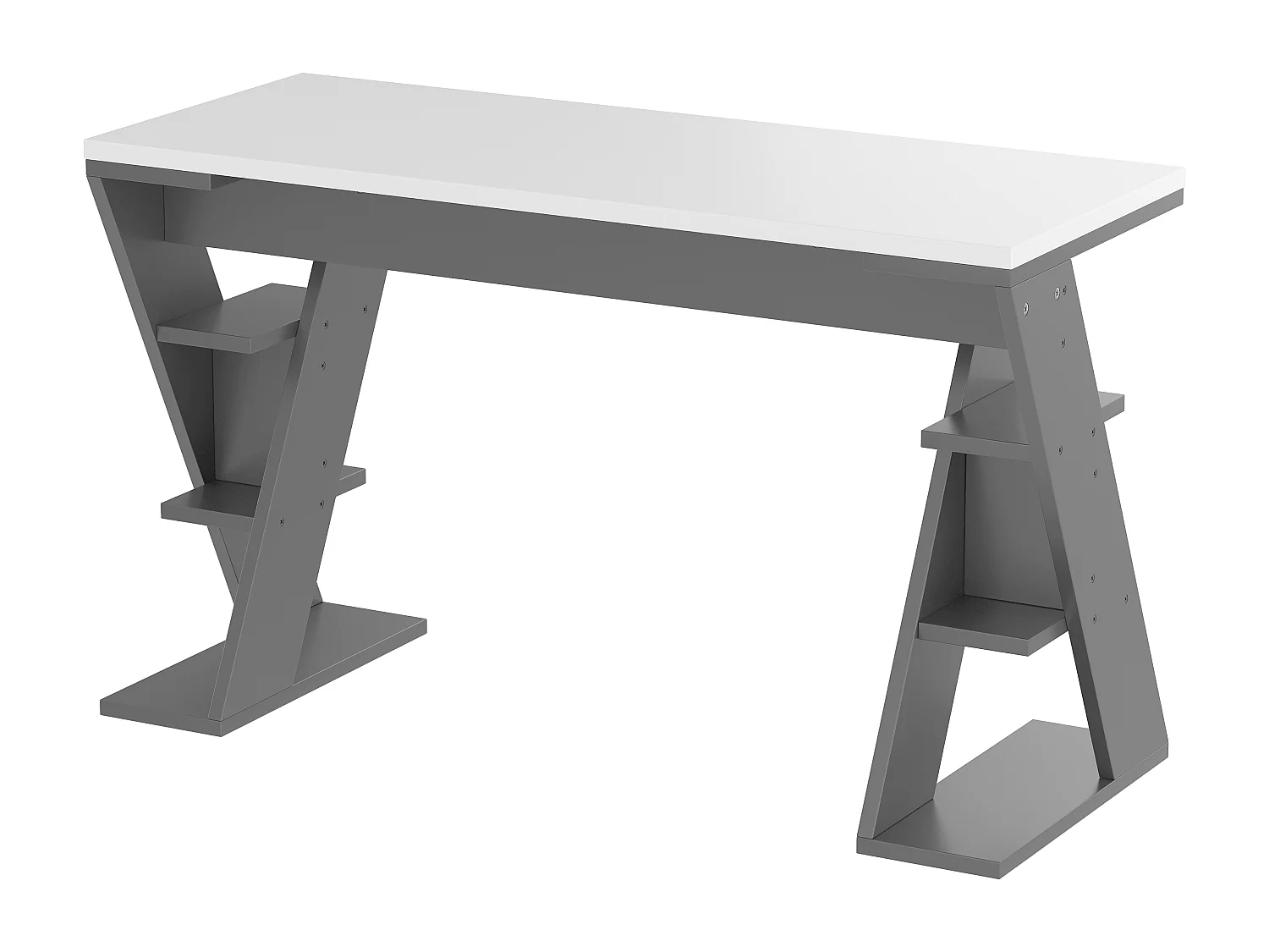 Proste biurko 120×50×74 cm - z podstawą X - 6 półek do przechowywania - szare + białe