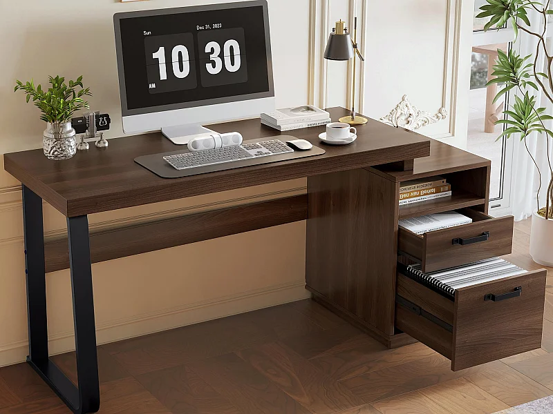 Bureau simple 135x54 cm - 2 tiroirs silencieux - plateau spacieux - marron + noir