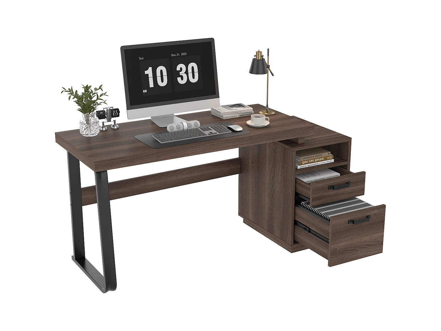 Bureau simple 135x54 cm - 2 tiroirs silencieux - plateau spacieux - marron + noir