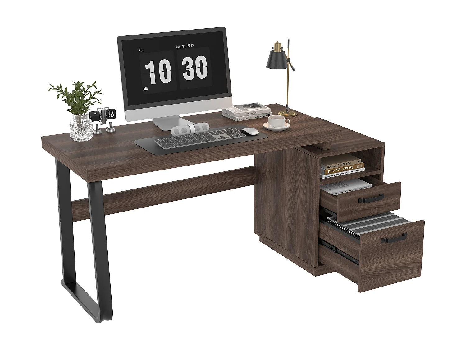 Mesa de estudo simples 135×54 cm - 2 gavetas silenciosas - tampo espaçoso - marrom + preto