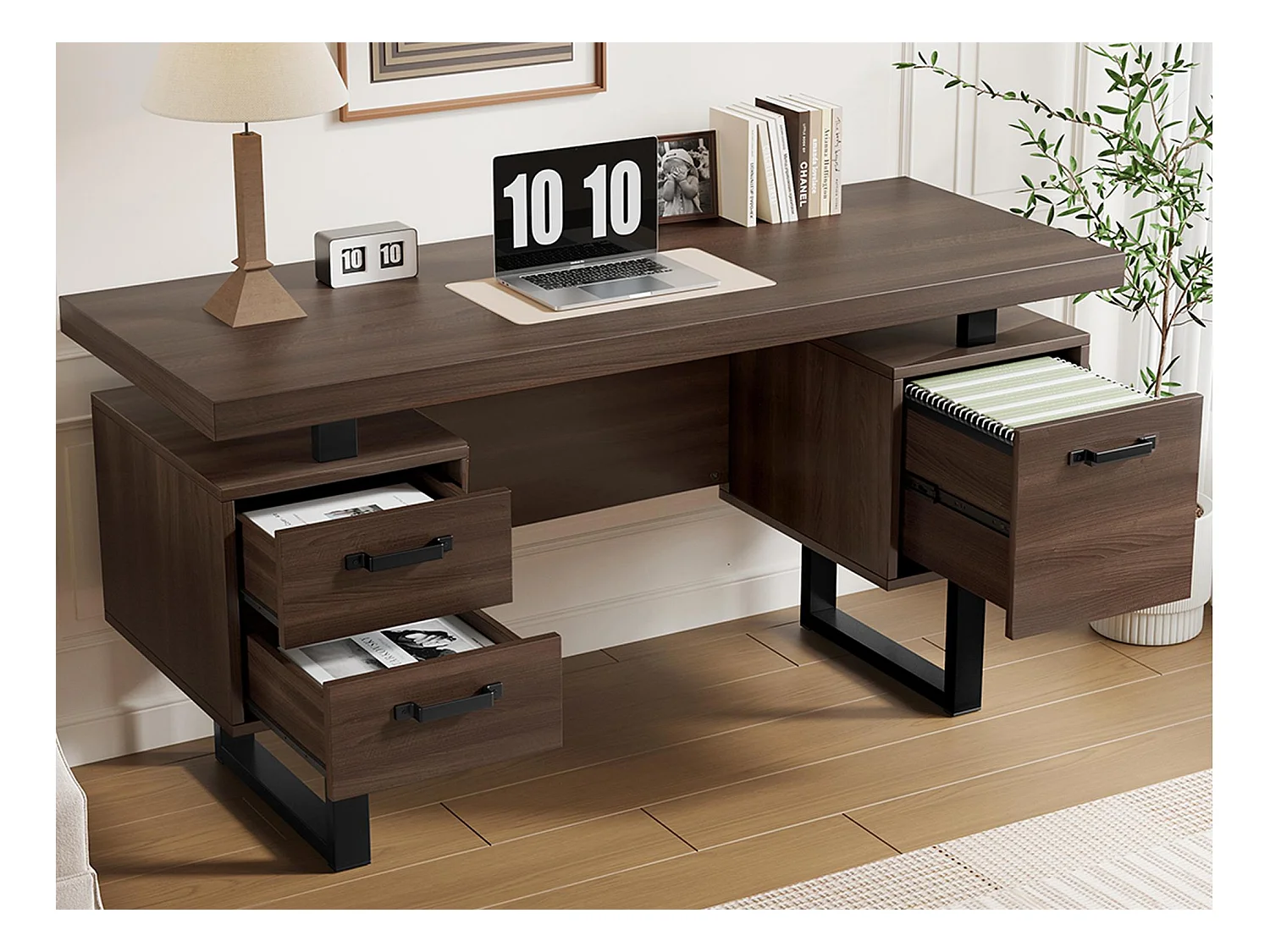 Bureau simple 135x54 cm - 3 tiroirs silencieux - plateau spacieux - marron + noir